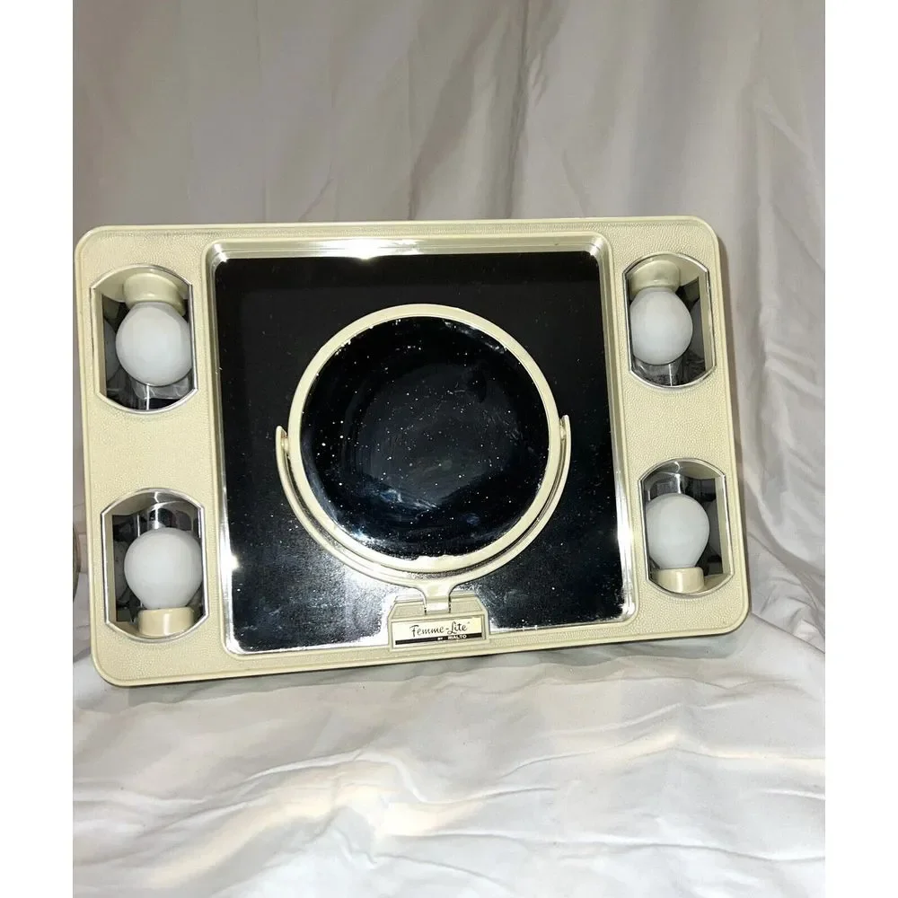 Femme-Lite Traveler Vintage Light Up Electric‎ Make Up Beauty Mirror W/Case Rare